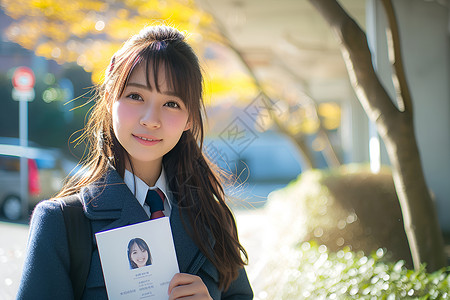 街道上拿着证件的女孩背景图片