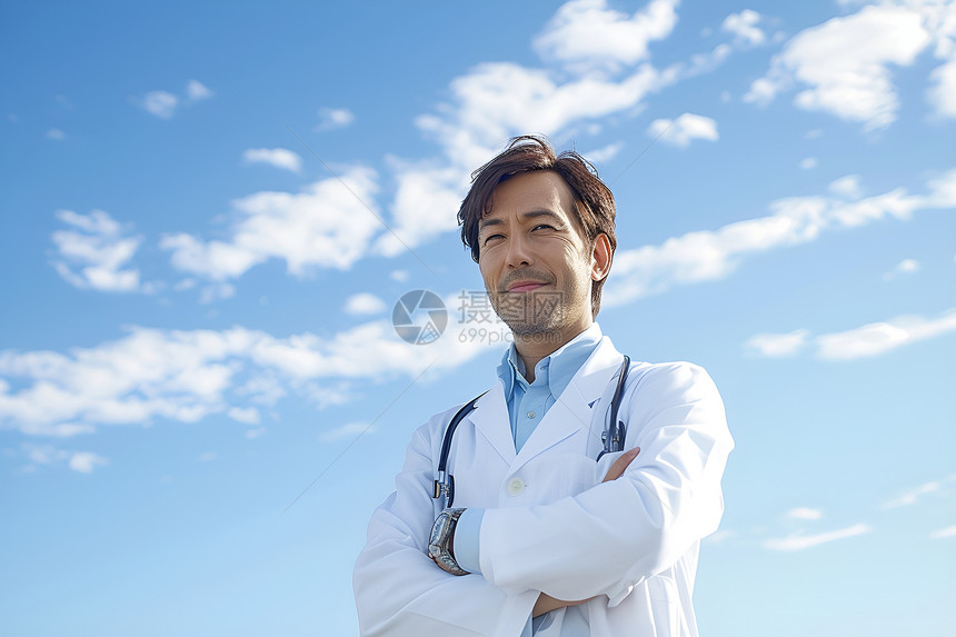 蓝天白云下的年轻医生图片