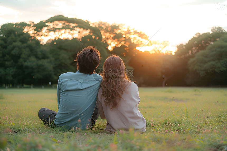 夕阳下依偎在绿草丛中的一对情侣图片