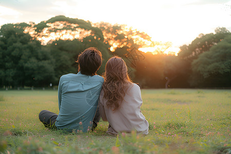 夕阳下依偎在绿草丛中的一对情侣高清图片