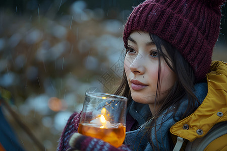 雨中持茶盅的女人背景