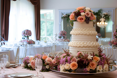 精美餐桌装饰精美的婚礼蛋糕背景