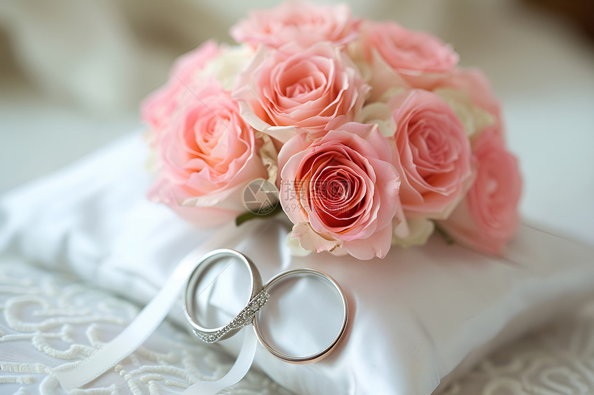 婚戒与玫瑰花束图片