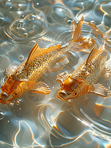 漂浮金色绸布金色池塘上漂浮的两条金鲤鱼插画