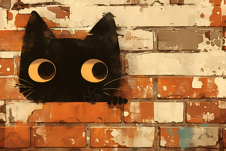 砖墙插画墙上可爱的小猫咪插画