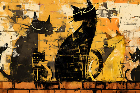 古怪街头上涂鸦的小猫.插画