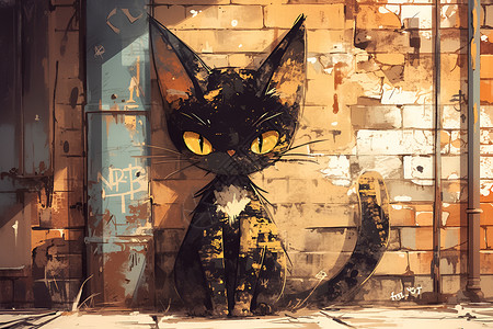 墙壁上的黑色猫猫背景图片
