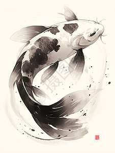 金鱼水墨画黑白锦鲤的水墨画插画