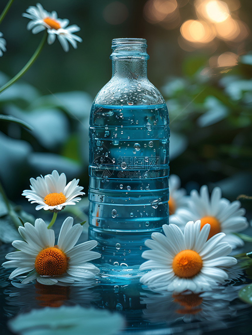 水面飘浮的雏菊和瓶子图片