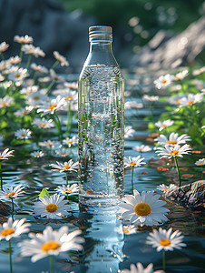 水瓶漂浮在溪流中背景图片