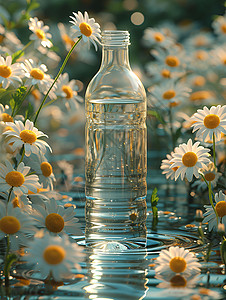 雏菊花丛中的瓶子背景图片