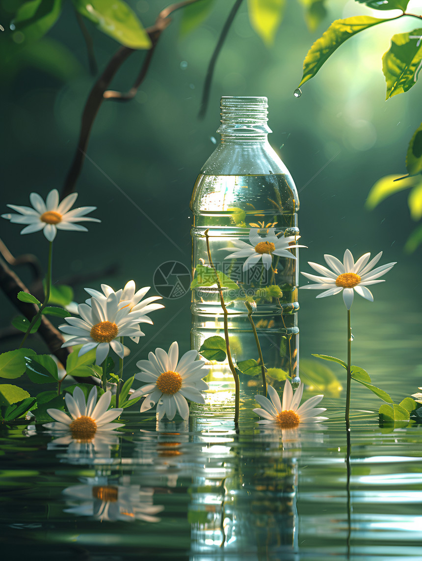 池中的瓶子和花朵图片