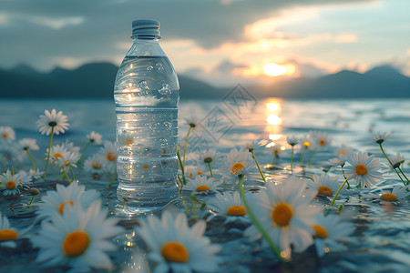 湖面的雏菊和水瓶背景图片
