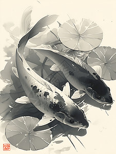 水墨画中游动的鱼背景图片