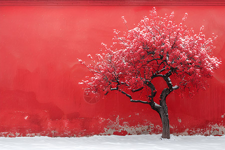老屋旁的梅花红色墙壁旁的树插画