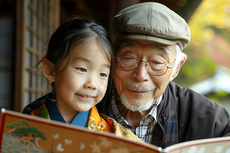 老人和女孩儿一起读书背景图片