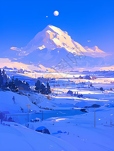 山顶景色月光下的雪山景色插画