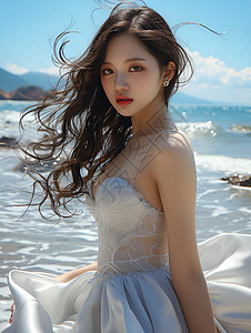 海边风中的白裙少女背景图片