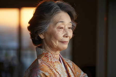 守望落日的日本老奶奶高清图片