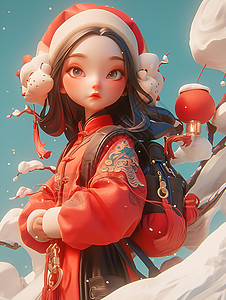 在雪中徜徉的红衣女孩背景图片