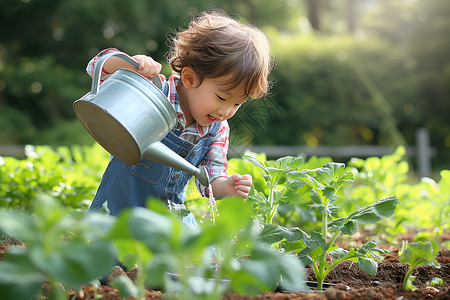 蹲着浇水的男孩男孩给植物浇水背景