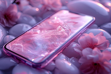 浪漫水花中的粉色手机背景图片