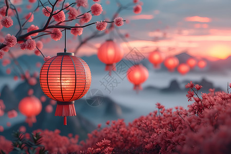 中国传统山艳丽山水中的中国灯笼插画