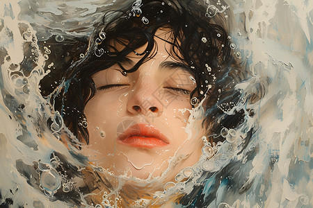 水溅着头发沉浸在水中的男子插画