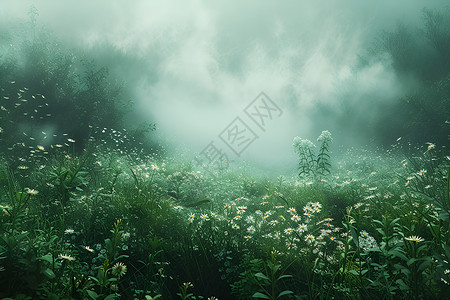 云雾笼罩的草地背景图片