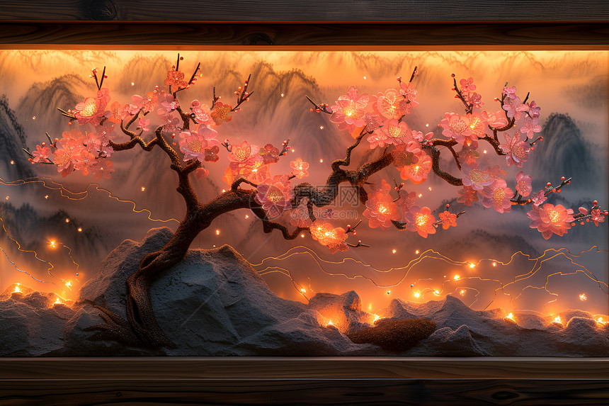 山头绽放的梅花树图片