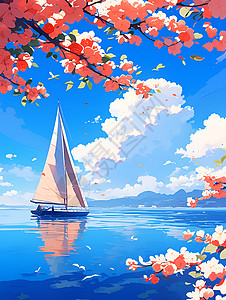 桃花湖泊上的帆船背景图片