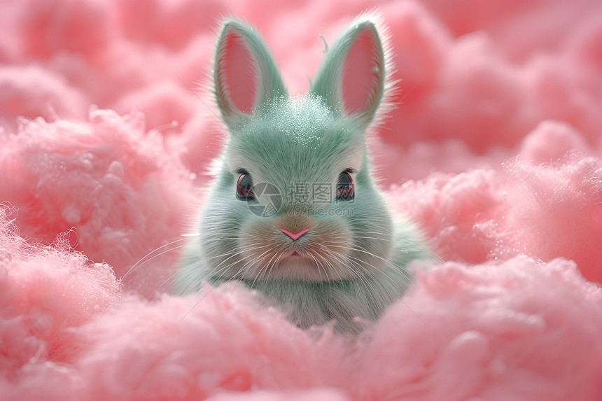 粉色棉絮中的小兔子图片