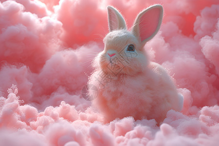 棉球粉色棉絮中的兔子插画