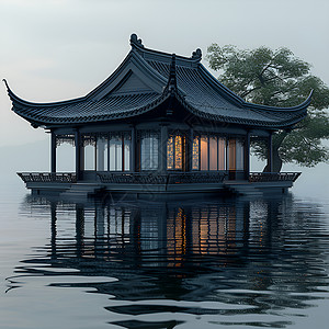 湖上的中式亭子背景图片