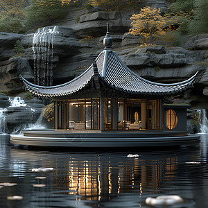 模型中式湖畔上的建筑插画