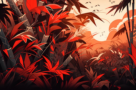 红叶飞舞的竹林背景图片