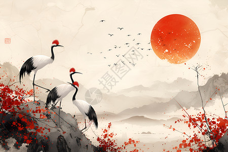 中式优雅优雅的仙鹤插画