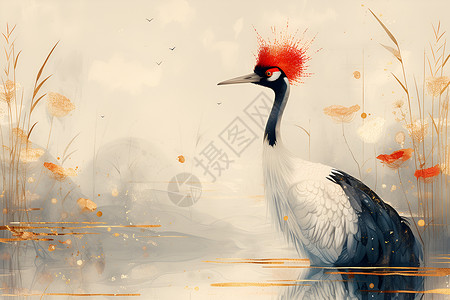 红冠鹤水彩绘画背景图片