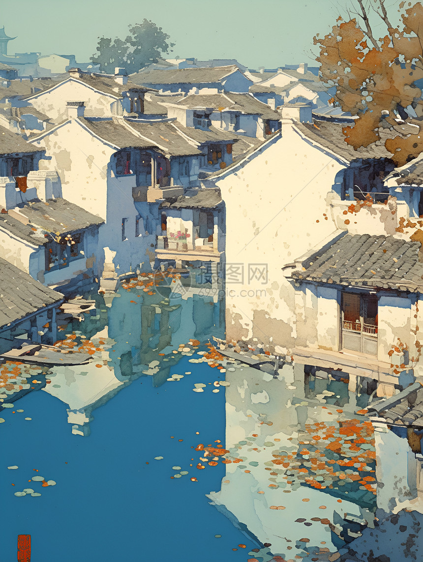 插画建筑的河流村庄图片