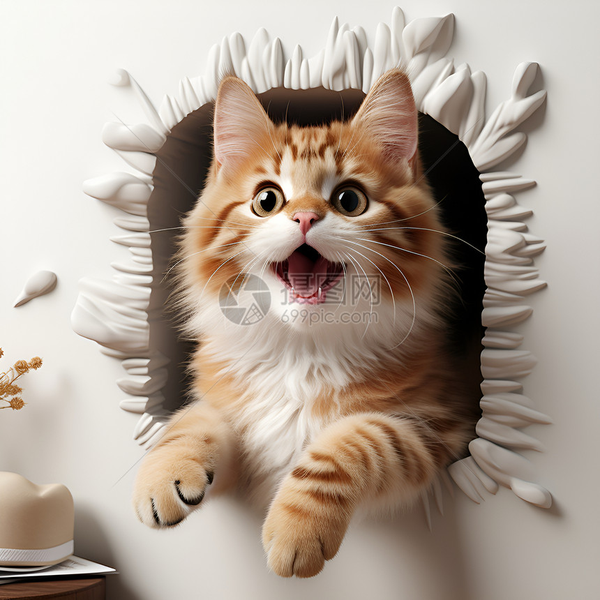 墙壁上萌宠的猫咪图片