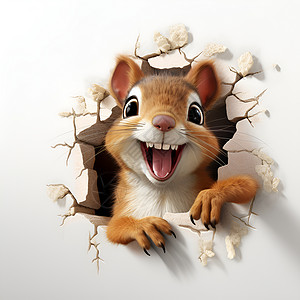 动物卡通墙调皮的松鼠从墙里钻出插画
