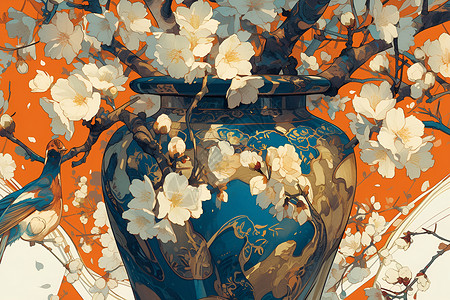 花瓶与梅花的绘画背景图片