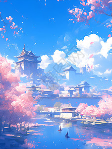 城中盛开的樱花背景图片