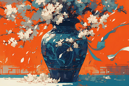 红花白梅花瓶背景图片