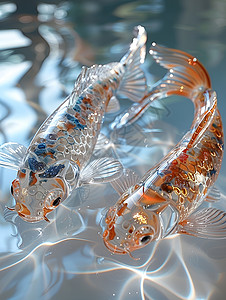 水珠设计素材两条仿制透明斑点金鱼插画