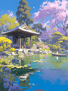 樱花树下的湖畔凉亭背景图片