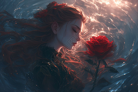 手背在身后沐浴在自然光的轻抚中一位女子手握鲜红的玫瑰身后波涛汹涌远处太阳熠熠生辉插画