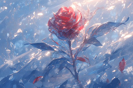 冰豆浆水珠点缀下的冰玫瑰插画