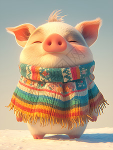 针织围巾带着围巾的小猪插画