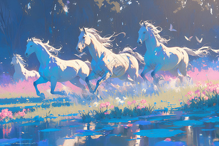 奔驰草原上的三匹马插画